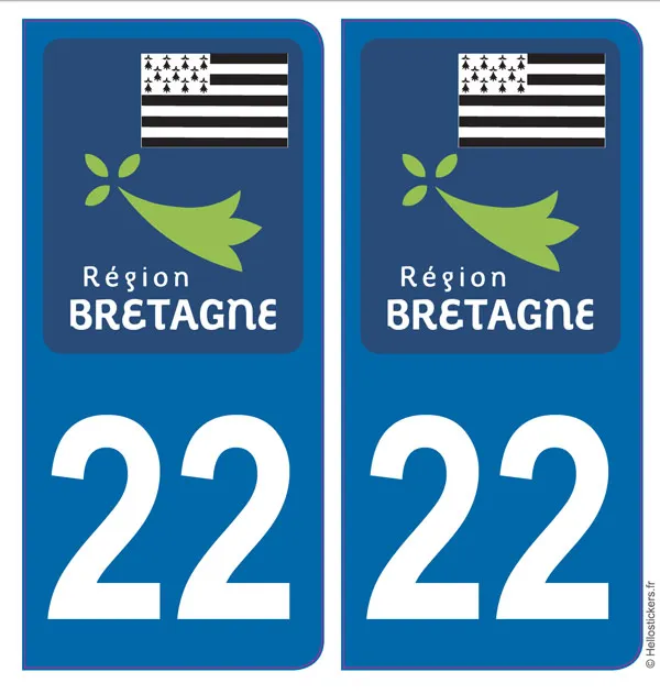 immatriculation Bretagne cotes d'Armor département 22 pour plaque Auto - 2 stickers/Autocollants 21122018
