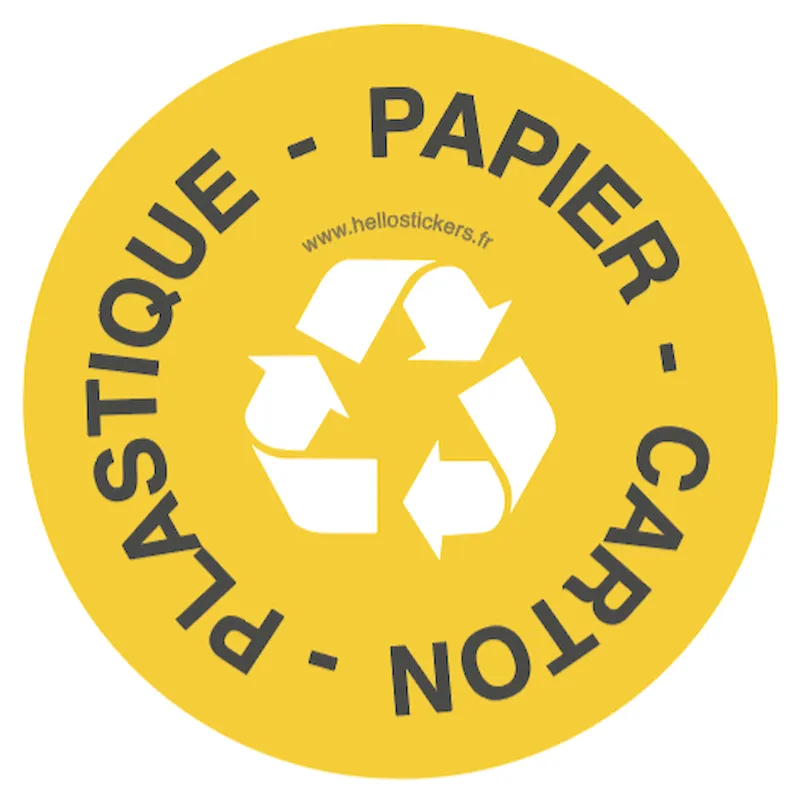 Sticker recyclage plastique papier carton jaune - Sticker-autocollant 100424C